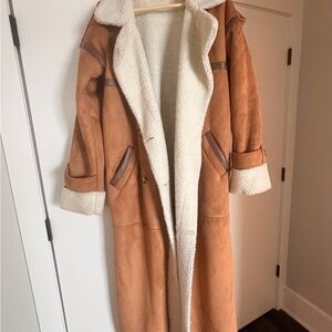 Long Shearling-Lined Faux Suede Coat in Camel